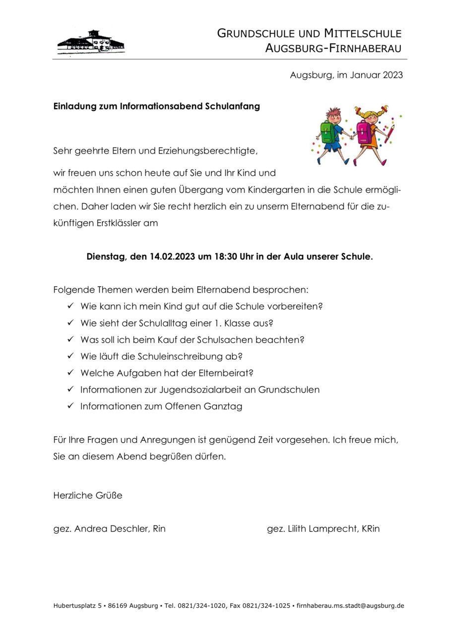 Informationsabend zum Schulanfang am Dienstag, den 14.02.2023 um 18:30 Uhr